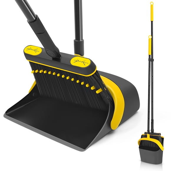 JEHONN Broom with Dust Pan with 54 inches Long Handle for Home (Black Yellow)