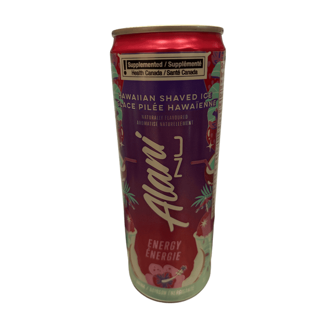 Alani Hawaiian Shaved Ice Energy Drink can with red top and purple body featuring tropical floral designs, labeled naturally flavoured, gluten free, vegan, and Health Canada approved, ideal for a refreshing tropical energy boost.