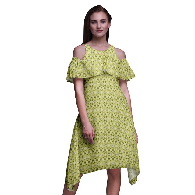 Bimba Green Tie-Dye Printed Womens Ruffle Front Cold Shoulder Swing Shift Dress - X-Small