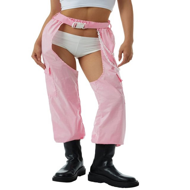 Women Crotchless Trousers Solid Color Long Pants with Chain Belt