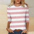 thumbnail image 2 of Meichang T-Shirts à Manches 3/4 Grande Taille pour Femmes, Décontractés, à Imprimé Rayé, Col Ras du Cou, Hauts Légers, Doux et Extensibles, Manches Trois Quarts, Chemise, P-4TG, 2 of 5