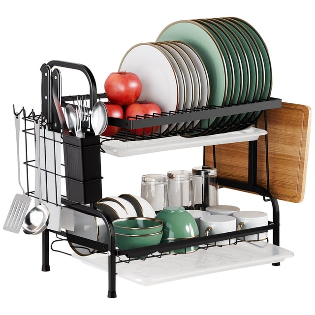 Dish Drying Rack, 2-Tier Dish Drainer in black stainless steel with a modern design. The top tier holds plates and bowls, while the bottom tier accommodates cups and mugs. Side compartments store utensils, knives, and a cutting board. Includes removable drain trays to keep countertops dry and clean. Compact and space-saving, perfect for kitchen storage and dish organization.