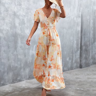 TIHLMK Robes pour Femmes Été Mode Femmes Décontracté Col en V Imprimé Manches Courtes à Lacets Robe à Boutons Jupe