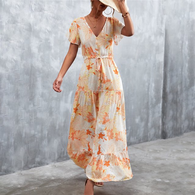 TIHLMK Robes pour Femmes Été Mode Femmes Décontracté Col en V Imprimé Manches Courtes à Lacets Robe à Boutons Jupe