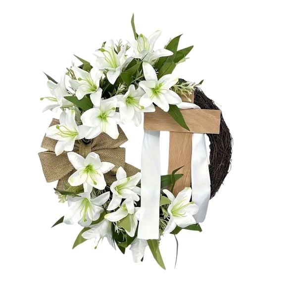 Dvkptbk Easter Wreath with 13.7 Inches Lilies and Tulips Bow Silk Scarf Religious Wreath Easter Front Door Hanging Decoration easter decorations