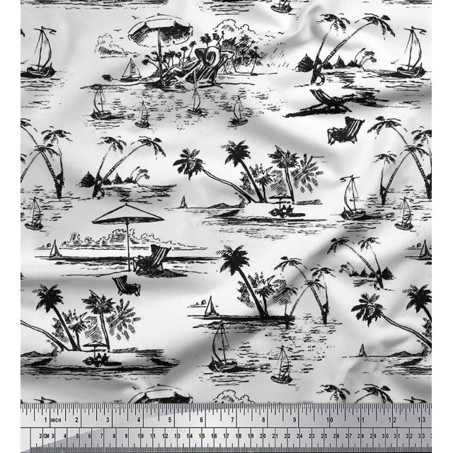 Soimoi Poly Georgette Fabric Chair,Palm Tree & Yacht Beach Fabric Prints by Yard 52 Inch Wide