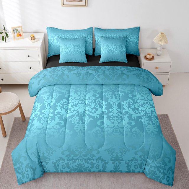 YST Ensemble de Douillette Damassé Bleu Lac, Literie Baroque Victorienne Antique, Polyester, Format Double (7 Pcs)