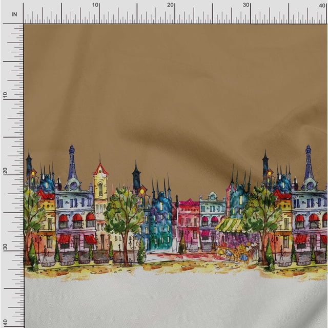Soimoi Satin Silk Fabric Buildings Panel Printed Fabric 1 Yard 42 Inch Wide