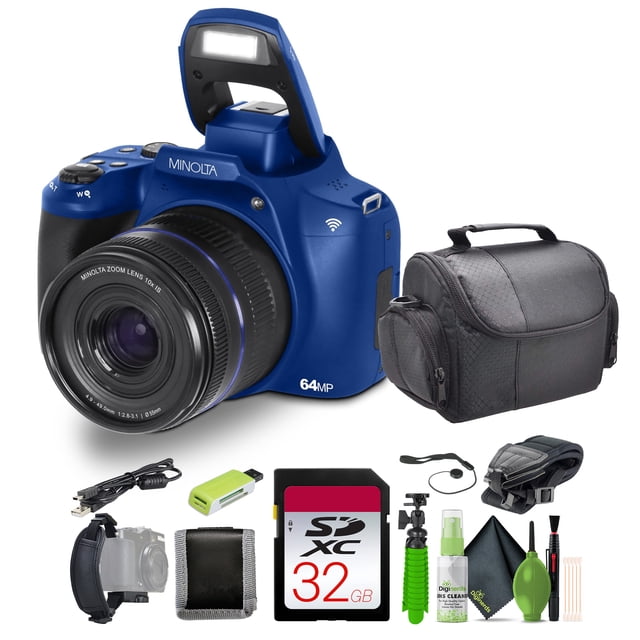 Minolta MNB10Z 64 Megapixel Auto Focus Digital Camera with 10x Optical Zoom, 4K Ultra HD Video Bundle Blue
