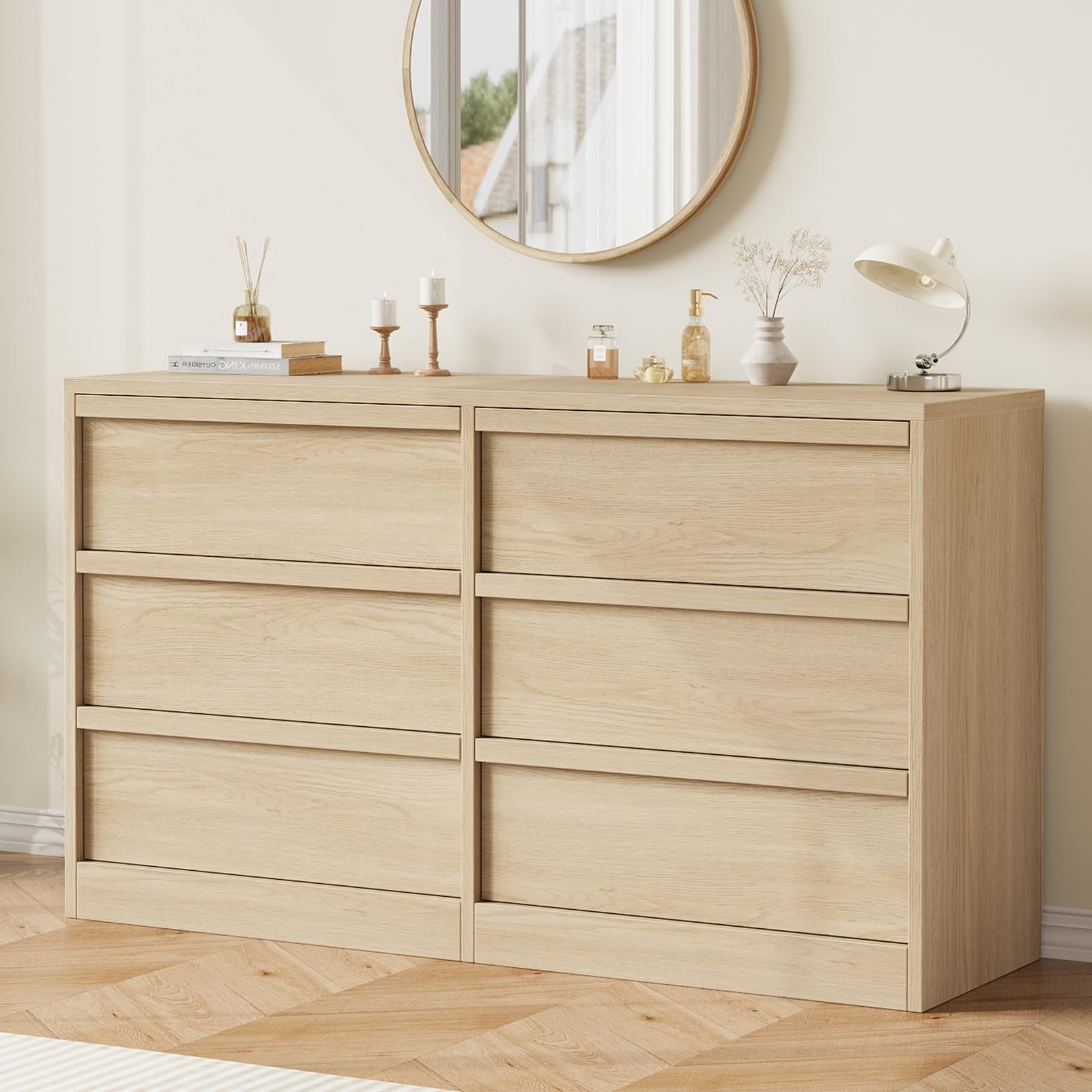 6 Drawer Dresser for Bedroom, 46.7" Wide Double Chest of Drawers with Large Storage, Modern Wood Dresser Organizer for Living Room, Nursery and Hallway, Natural Oak