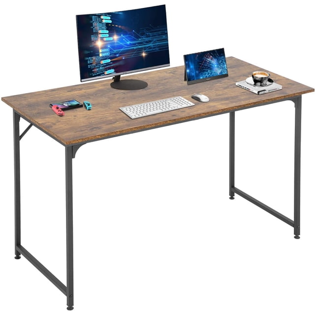 BestOffice FDW 47" Computer Desk, Modern Home Office Wood & Metal PC Table for Small Spaces, Study, Gaming Workstation Vintage Style. The desk features a 47-inch wide wooden desktop with a vintage finish, supported by a sturdy black metal frame. It accommodates dual monitors, a keyboard, and workspace essentials, making it ideal for home offices, dorms, or study rooms. Its compact, space-saving design is suitable for small spaces while offering multi-purpose functionality as a computer desk, writing desk, or gaming table.