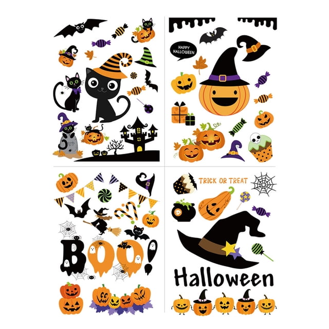Autocollant de Maison Hantée d'Halloween Autocollant Mural PVC Givré Autocollant d'Halloween Présentant un Ensemble de Quatre Feuilles 30 cm x 40 cm avec des Motifs Multicolores. Comprend des illustrations Festives sur le Thème de l'Halloween comme des Chats Noirs, des Citrouilles, des Chauves-Souris, des Chapeaux de Sorcière, des Fantômes et des Bonbons. Fabriqué en Matériau PVC Non Toxique et Imperméable, Convient aux surfaces Lisses comme les Murs, les Portes en Verre, les Fenêtres, les Carreaux et les Appareils. Idéal pour la Déco d'Halloween et Facile à Appliquer et à Repositionner.