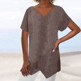 thumbnail image 2 of Timegard Tops for Women Cotton Linen V Neck Short Sleeve Irregularly Tee Casual Solid Color Lightweight, 2 of 6