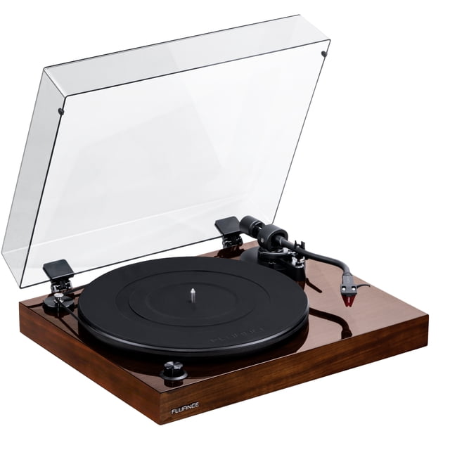 Fluance RT83 Reference High Fidelity Vinyl Turntable Record Player with Ortofon 2M Red Cartridge, designed for pure analog performance. Features a walnut MDF wood plinth, vibration isolation feet, balanced S-shaped tonearm, and precision speed control motor for accurate vinyl record playback. Includes a dust cover and gold-plated RCA outputs.