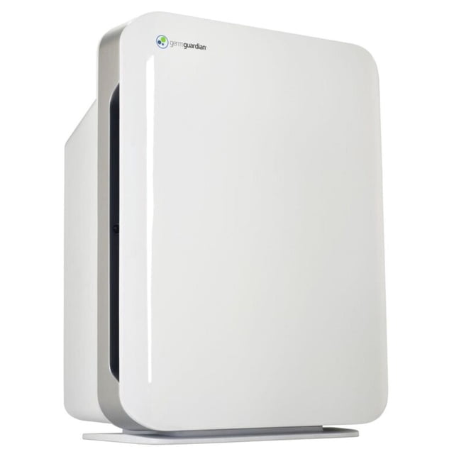 GermGuardian Air Purifier AC5900WCA True HEPA Hi-Performance Console in white with a sleek rectangular design and rounded edges, featuring the GermGuardian logo on the top left. It uses a True HEPA filter and UV-C light technology to capture 99.97% of airborne allergens and reduce germs, ideal for rooms up to 365 sq. ft.