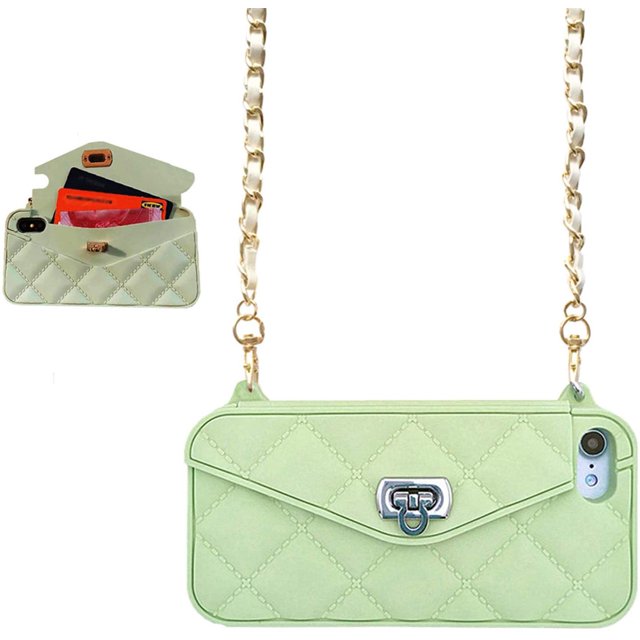 Wallet Case Compatible with iPhone, Pretty Luxury Bag Design, Purse Flip Card Pouch Cover Soft Silicone Case with Hand Holder Long Shoulder Strap(Light Green,iPhone 12)