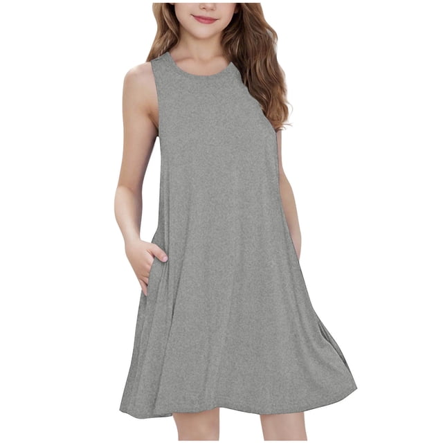 Yuyuzo Robes Midi d'Été pour Filles Amples Décontractées Sans Manches Mignonnes Ligne A Fluides Robe d'Été avec Poches