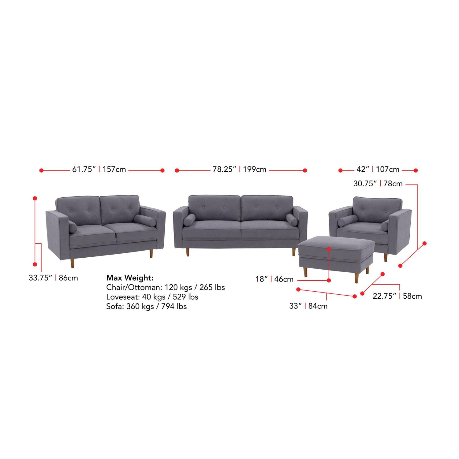 Ensemble de salon CorLiving Mulberry 4 pièces, rembourré en microfibre, style milieu de siècle moderne, avec causeuse, canapé, fauteuil et pouf, gris