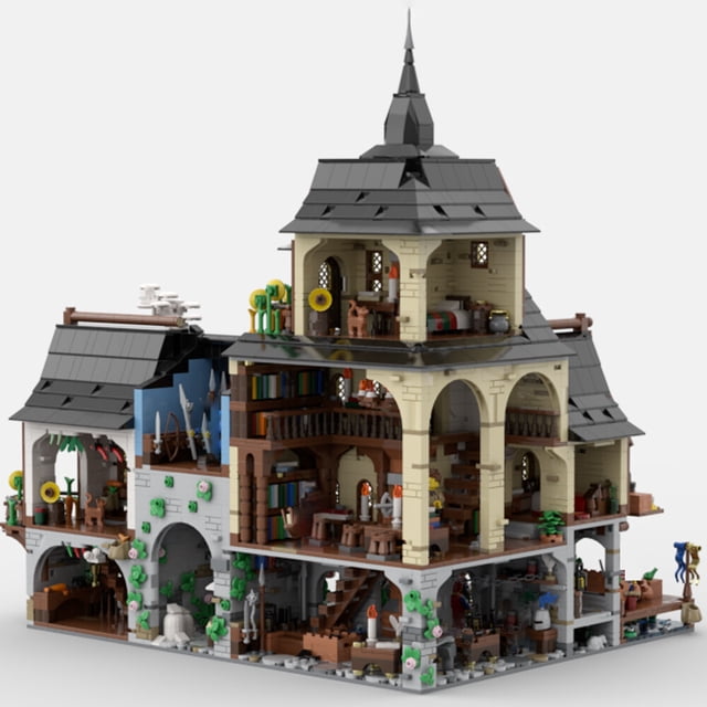 MOC-134085 Medieval Town Centre Modular Building Blocks Set Castle MOC Bricks Gift Toys with 4658 pieces. The set features a detailed medieval town with six modular levels, including a main square with a statue, vendor stalls, a small port, and various interior rooms such as a blacksmith, library, kitchen, armory, and living quarters. The design includes intricate details like a bell tower, vegetable terraces, and a gallery. Made of ABS plastic, compatible with major brands, and includes a PDF instruction manual. Suitable for display and as a collectible gift.