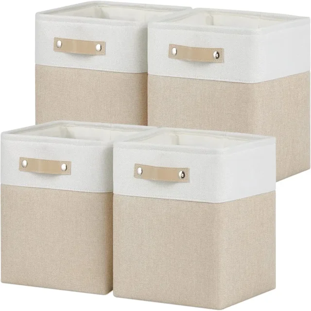 Bacs Cubes de Rangement en Toile pour Étagère d'Organisateur Bureau Bac de Rangement Cube 11 Pouces Bacs de Rangement Pliables en Tissu avec Poignée en Cuir
