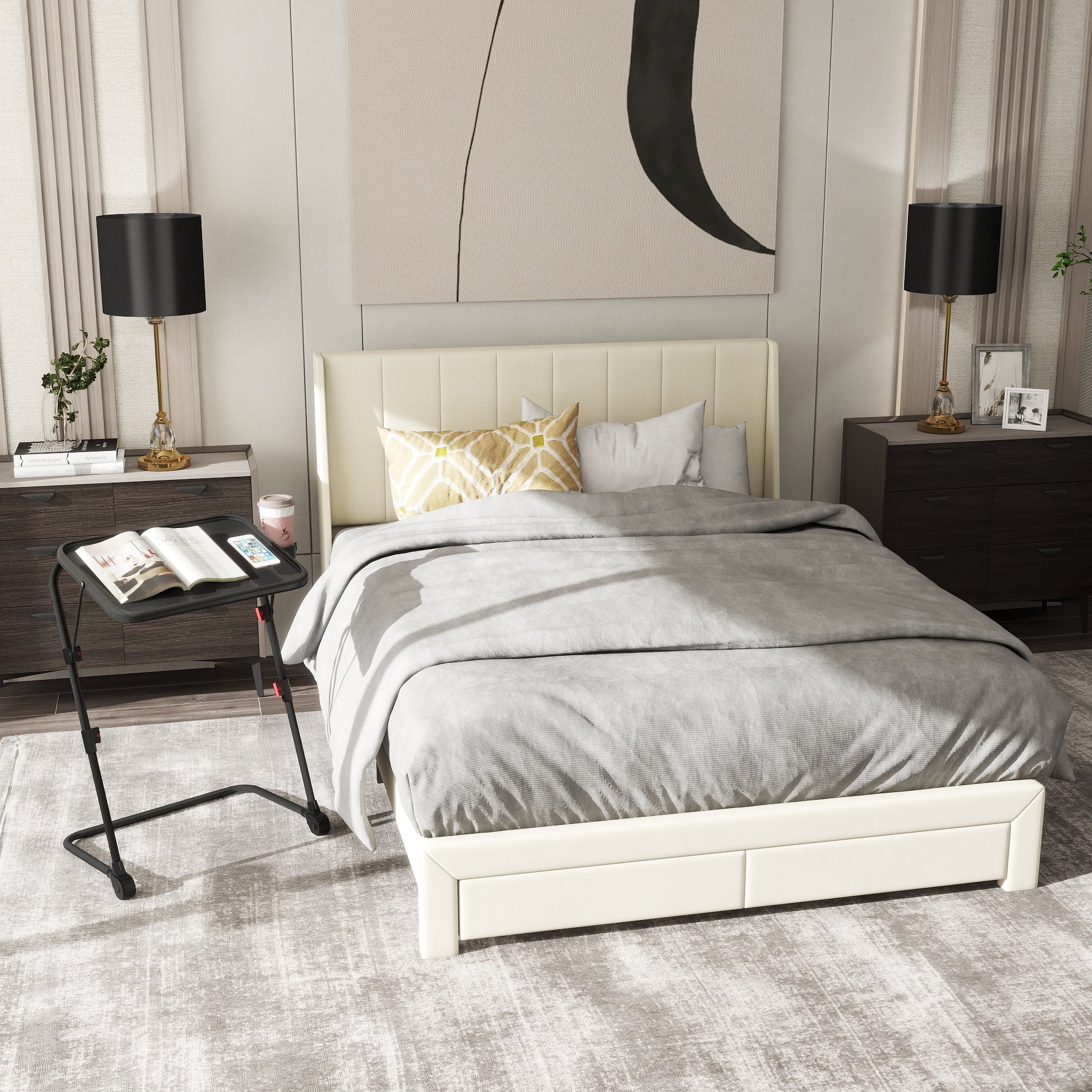 Ensemble cadre de lit queen et table de chevet pliante Homy Casa pour chambre et appartement