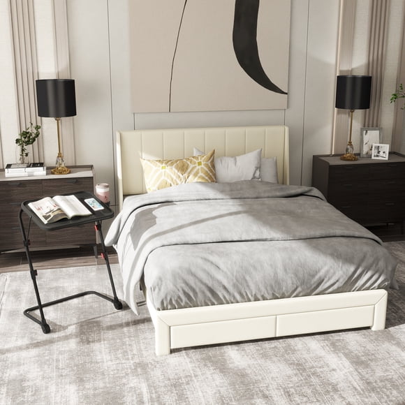 Homy Casa Queen Size Bed Frame with Upholstered Headboard and Adjustable Tray Table