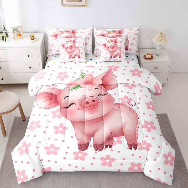 YST Ensemble de Literie Floral à Fleurs Roses, 7 Pcs, Mignonne Cochonette, Très Grand Lit