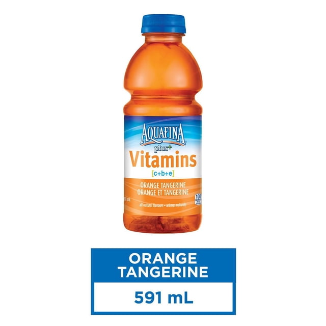 Aquafina Plus+ Vitamins Orange Tangerine 591 mL bottle of vitamin enhanced water with natural orange and tangerine flavors, enriched with antioxidant vitamins C, B, and E, ideal for hydration and replenishment during sports or daily activities.