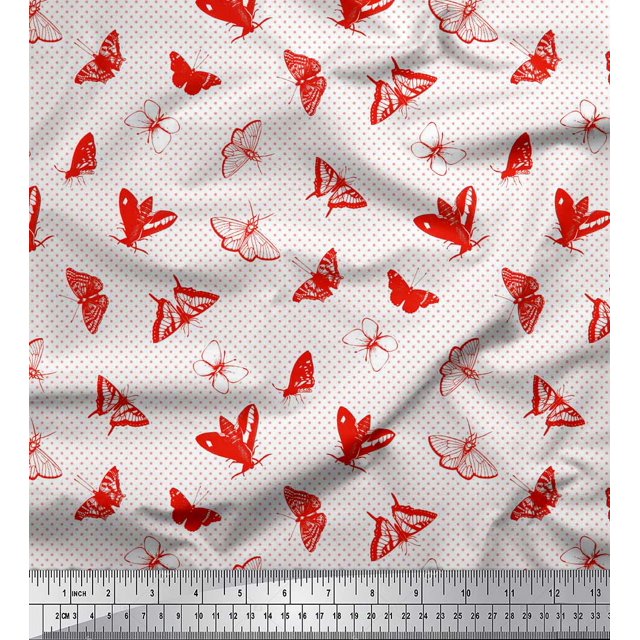 Soimoi Red Rayon Fabric Dot & Butterfly Print Fabric by Yard 56 Inch Wide