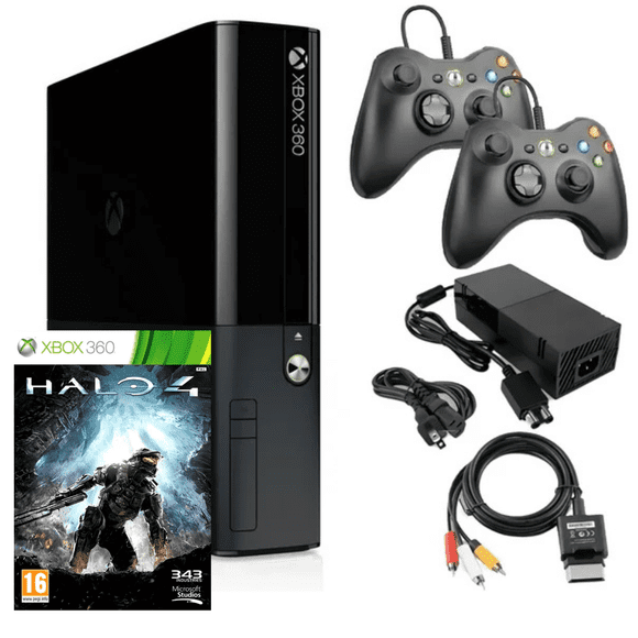 Microsoft Xbox 360 Modèle E 4 Go Remis à Neuf avec Halo 4 avec Deux Manettes Retrofam, Noir, (Remis à Neuf)