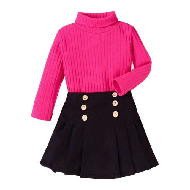 Penkiiy Ensemble Jupe Plissée 3 Pcs pour Tout-Petites Filles Tenue d'Automne Hiver pour Filles Robe Douillette Ensemble de Vêtements avec Béret 0,5-1 An Rose