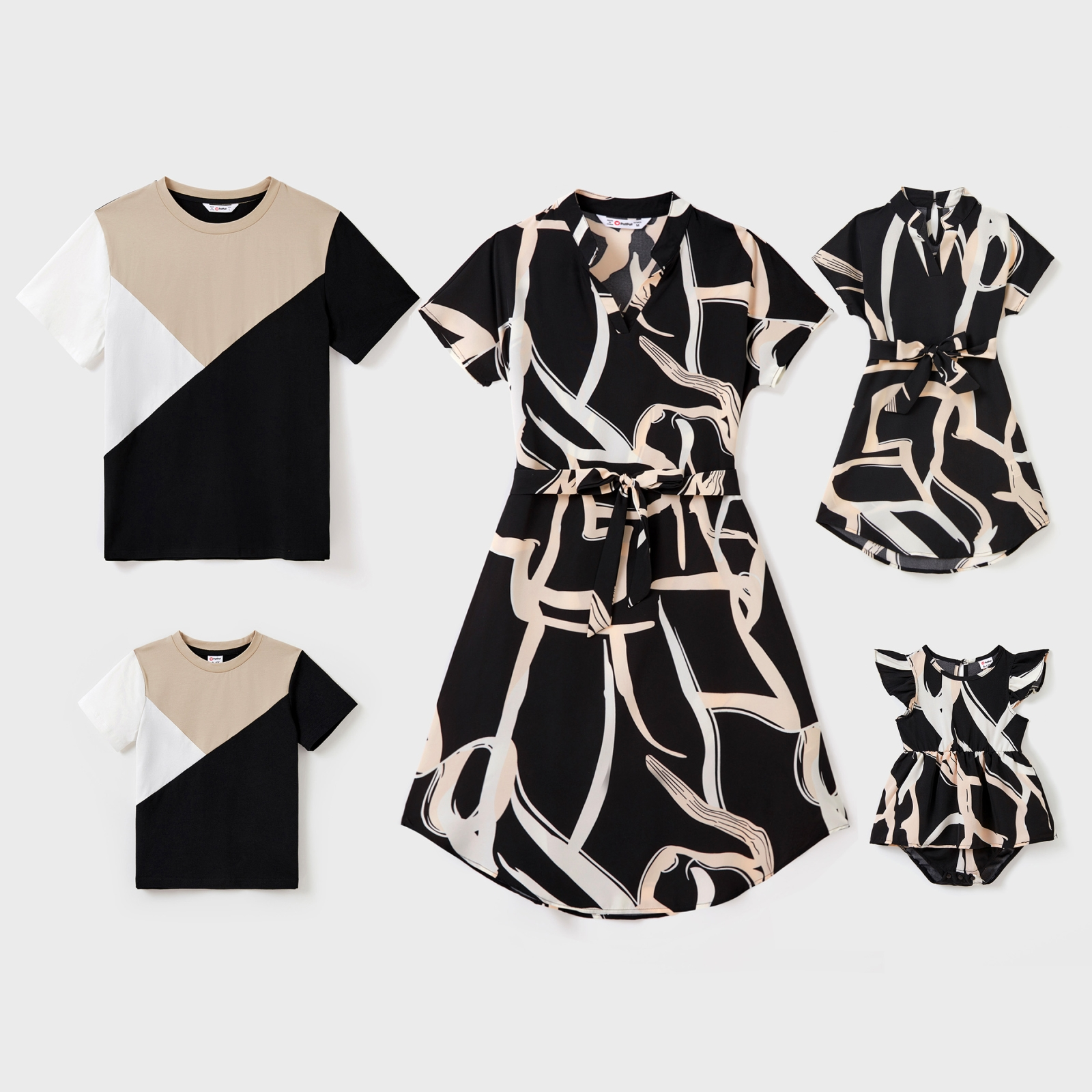 PatPat Family Matching Color Block Cotton Tee or Modern Abstract Print Short Sleeve Dress with Waist Belt