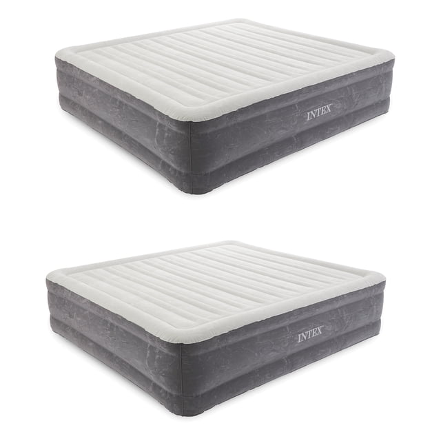 Intex Matelas Pneumatique Surélevé Gonflable de 18 Pouces avec Pompe Intégrée, Très Grand (Lot de 2). Cet Ensemble Comprend Deux Matelas Pneumatiques Gris Format Très Grand avec une surface Floquée Douce et des Côtés Ajourés pour Draps-Housses. Chaque Matelas Présente une Pompe Intégrée de 120V pour un Gonflage et un Dégonflage Rapides, une Hauteur de 18 Pouces pour un Accès Facile, et la Technologie Dura-Beam pour une Durabilité et un Soutien Accrus. Conçus pour Supporter jusqu'à 600 Livres, Ces Matelas Pneumatiques Légers en PVC Sont Fournis