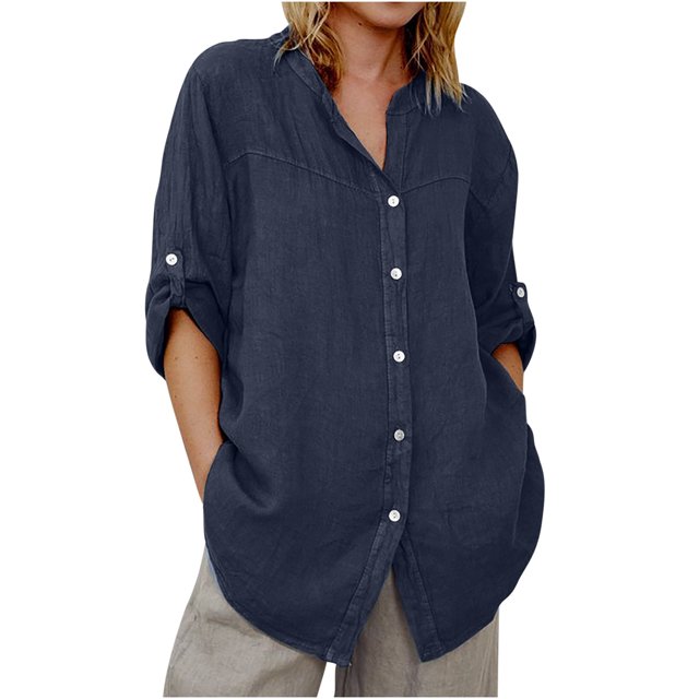 Penkiiy Women's 3/4 Sleeve Collared Shirt Button Down Denim Blouse Tops L Navy