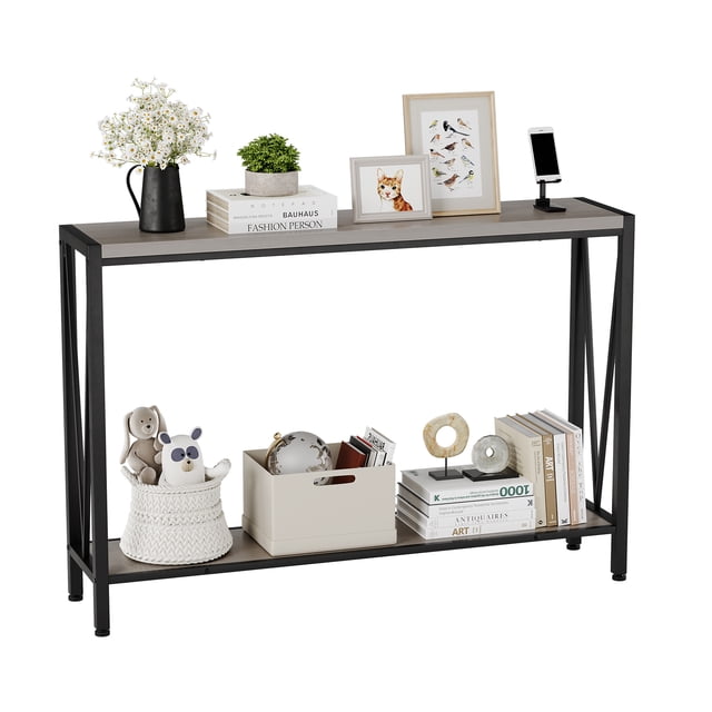 BeesClover 2 Tier Console Table with Storage Shelf, 43 Inch Narrow Sofa Table, Industrial Hallway Entryway Table with Metal Frame, v-Shaped Support, Adjustable Feet for Living Room Bedroom