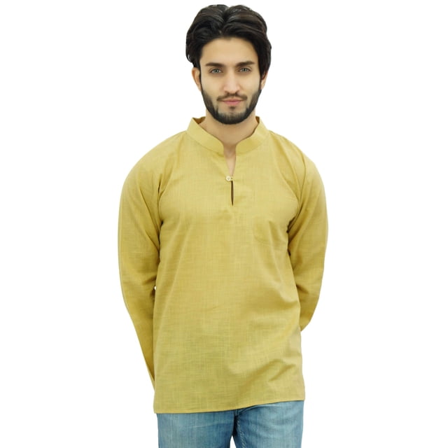 Atasi Kurta Court à Col Officier pour Homme Beige en Coton Tunique Décontractée - X-Grand