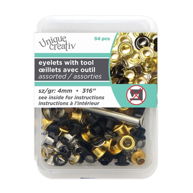 UNIQUE Creativ 4 mm Eyelets with Tools, 54-piece set featuring assorted gold, black, and silver rust-resistant metal eyelets with a metal installation tool, designed for reinforcing holes in fabric, leather, and paper without sewing, ideal for crafting, repairs, and decorative accents.
