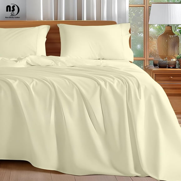 NON Sticky cotton Twin XL 4 Piece Sheet Set, 100% Long Staple Cotton, Soft Cooling Hotel Luxury Bedding Sheets, Deep Pocket Fits 10" to 18" Mattress, 39" x 80", Taupe Solid