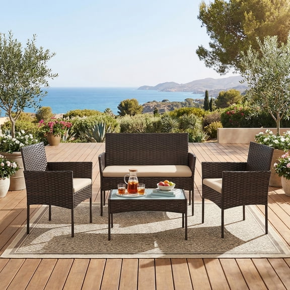 Garden Furniture Set in Polyrattan, Seating Group with Table, 2 Chairs and Sofa, for Balcony or Patio, Beige