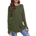thumbnail image 2 of Tuniques à Manches Longues pour Femmes avec Trous pour les Pouces, Couleur Unie, T-Shirts Décontractés Amples, Automne, Tendance, Col Rond, Chandail à Enfiler, Blouses, Vert-1 m, 2 of 6