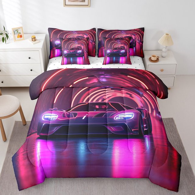 Car 7 Pieces Bedding Set Sports Race Car Twin Comforter Set,Extreme Sport Bed In A Bag,Racing Automobile Geometric Sheet Set for Kids Teens Men