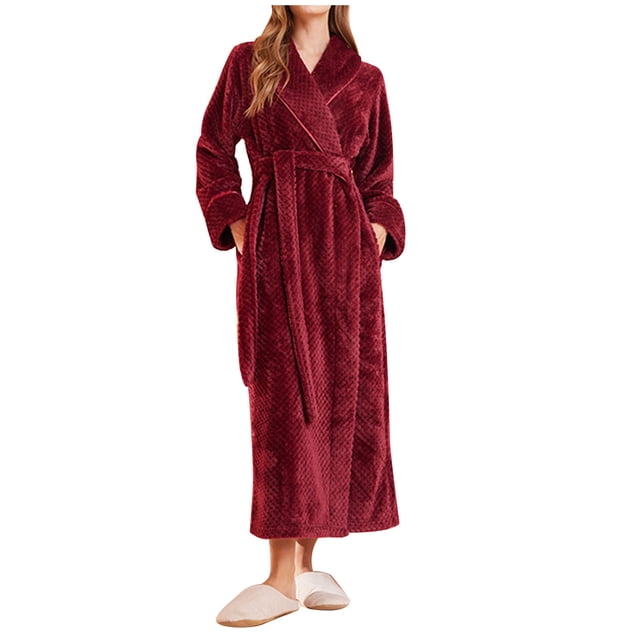 FAIWAD Women's Flannel Thickened Nightgown Soft Warm Fuzzy Fleece Robe Solid Color Bathrobe Loungewear with Pockets
