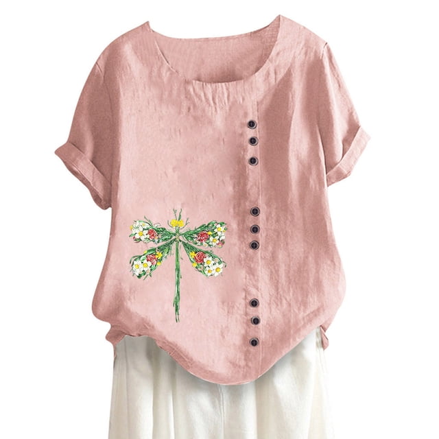 Leutsin Womens Plus Size O-Neck Short Sleeve Print Buttons Cotton Linen Vintage Tops