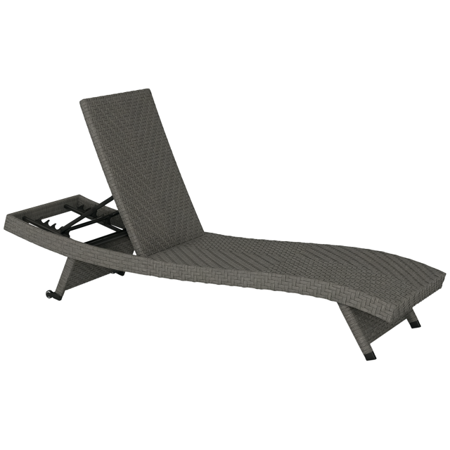 Outsunny Chaise Longue de Patio Pliable avec Dossier Réglable à 5 Niveaux en Gris. Présente un design en Forme de « S » avec Rotin PE Tressé à la Main en Osier et Mousse à Séchage Rapide pour le Confort. Comprend Deux Roues Lisses pour la Portabilité et un design Pliable pour un Rangement Facile. Dimensions : 23,6 Pouces de Large, 76,8 Pouces de Profondeur et 37,4 Pouces de Haut. Capacité de Charge : 265 Lb.