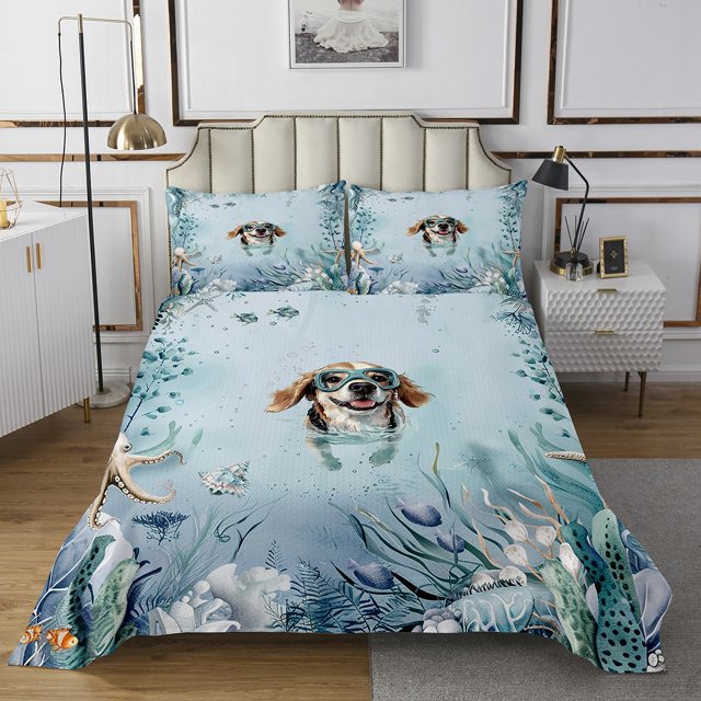 Erosebridal Cute Dog Coverlet Set Queen, Cartoon Pug Bedding Set, Pet Lovers Decoration