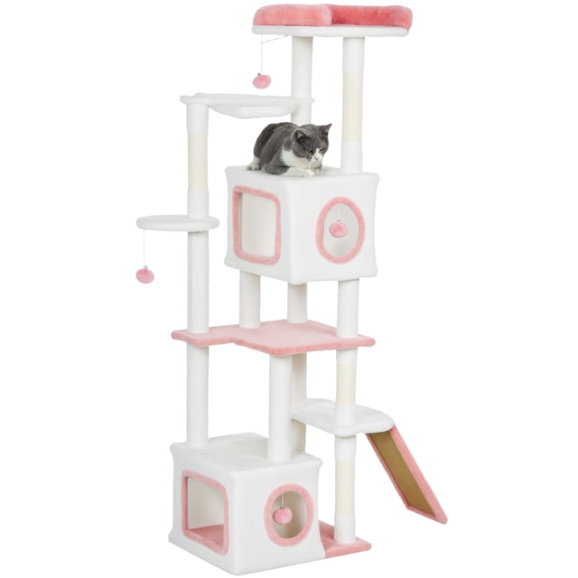 PawHut 65 Inch Cat Tree, Multi-Level Cat Tower with Condos, Perch, White