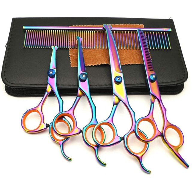 Trousse de Ciseaux de Toilettage pour Chien avec Embouts Ronds de Sécurité, Ciseaux de Toilettage Droits Courbés Professionnels Amincissants pour Chiens, Chats et Animaux