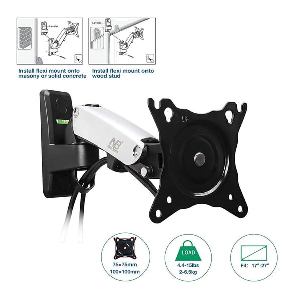 North Bayou 17"-27" Gas-Strut Monitor Wall Mount - F120-S, Silver