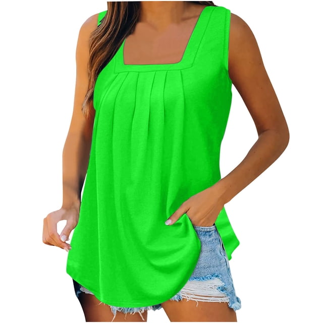 Timegard Womens Tank Tops Solid Color Square Neck Pleated Sleeveless Dressy Casual Tunic Top Basic Tee
