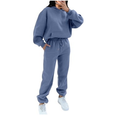 PEZHADA Fall Savings Women 2 Piece Outfits Sweatsuit Set Oversized Long Sleeve Hooded Sweatshirt with Pockets Drawstring Sweatpant Lounge Set Tracksuit Light Blue